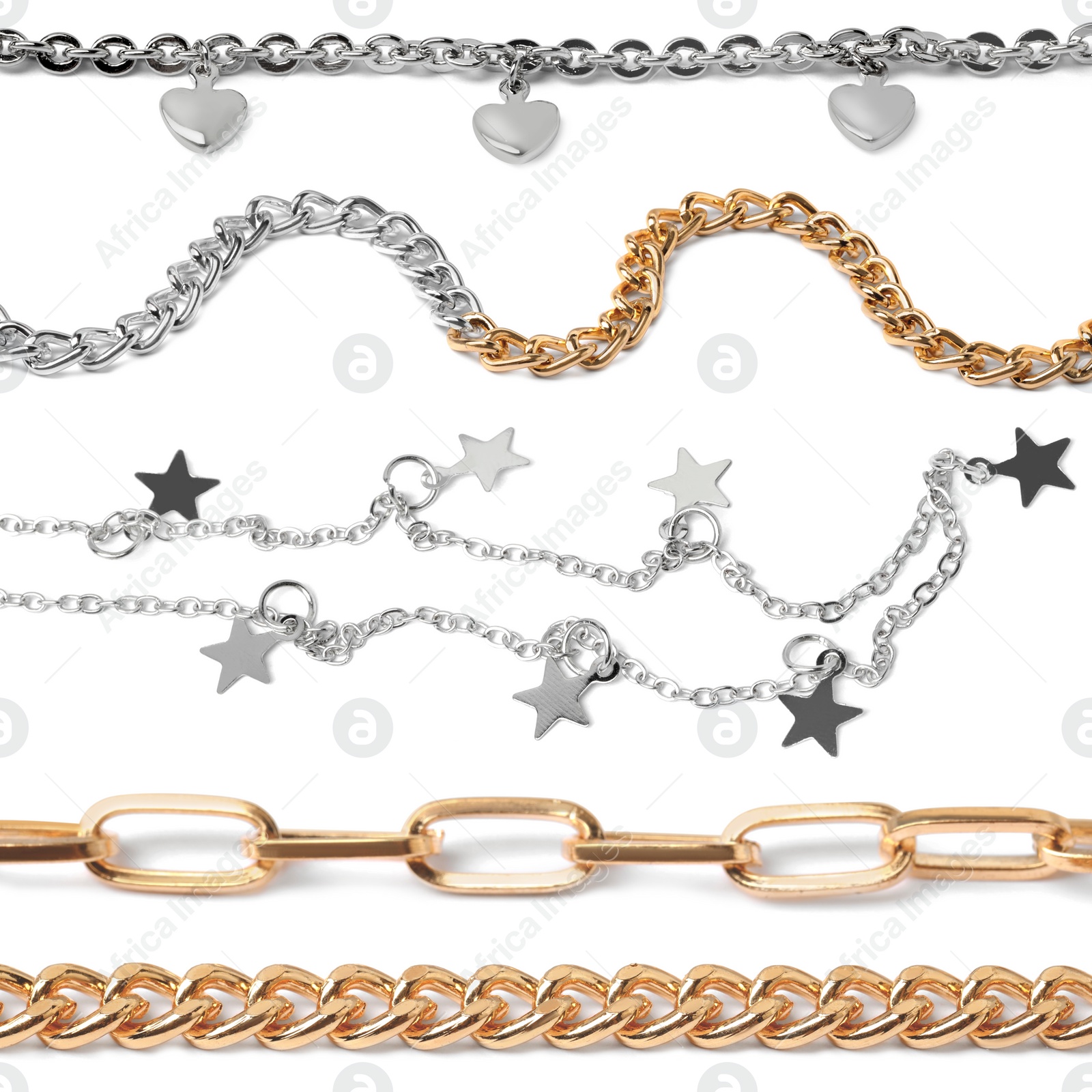 Image of Different jewellery chains isolated on white, collage design