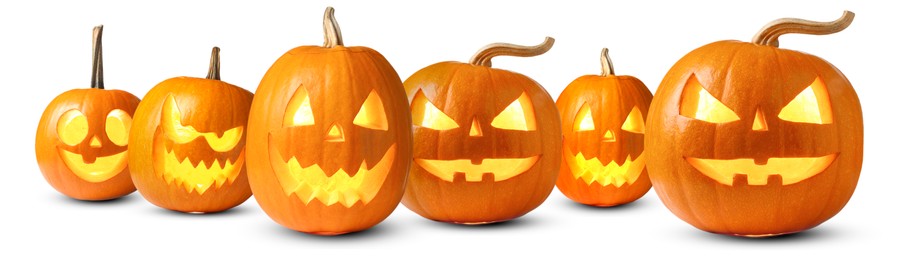 Image of Many pumpkins with carved spooky faces isolated on white, collection. Jack-o-lantern for Halloween