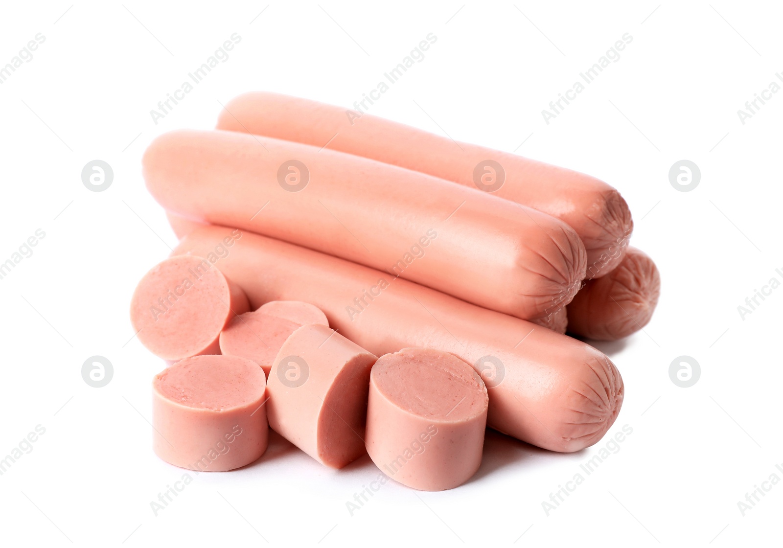 Photo of Tasty sausages on white background. Meat product