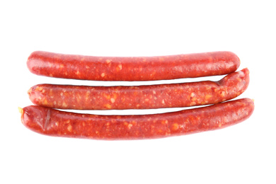 Photo of Tasty sausages on white background. Meat product