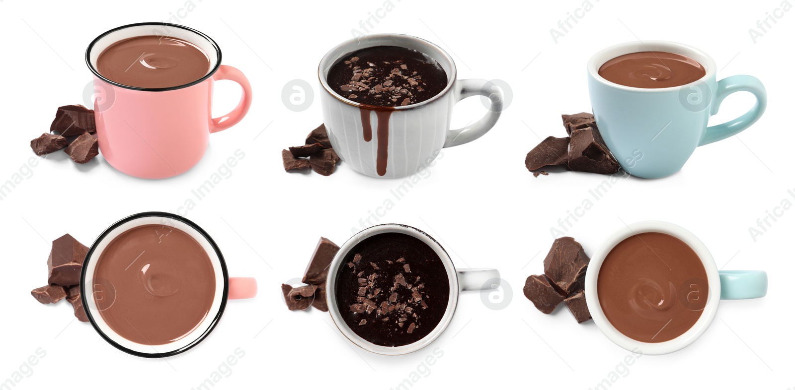 Image of Delicious hot chocolate in cups isolated on white, top and side views