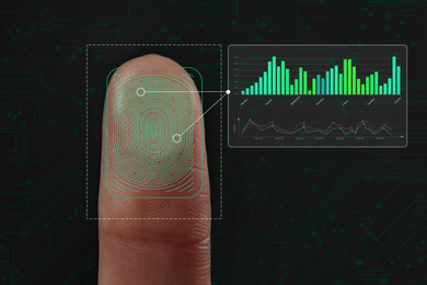 Image of Woman using biometric fingerprint scanner on dark background, closeup