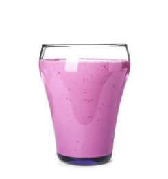 Photo of Glass with blackberry yogurt smoothie on white background