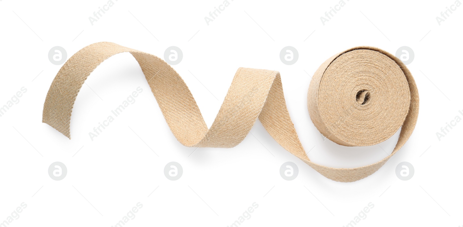 Photo of Roll of burlap ribbon isolated on white, top view
