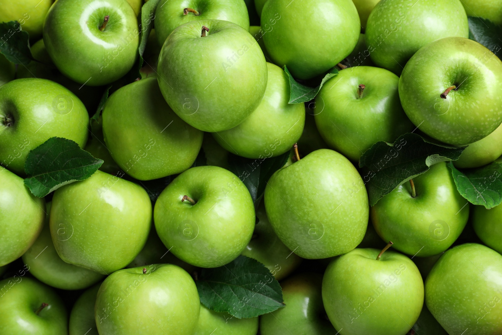 Photo of Pile of tasty green apples with leaves as background, top view