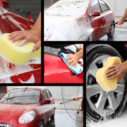 Image of Collage of people cleaning automobiles at car wash, closeup