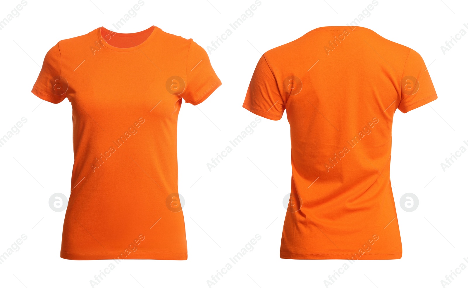 Image of Orange t-shirt with space for design isolated on white. Back and front views