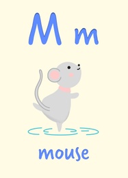 Learning English  alphabet. Card with letter M and mouse, illustration