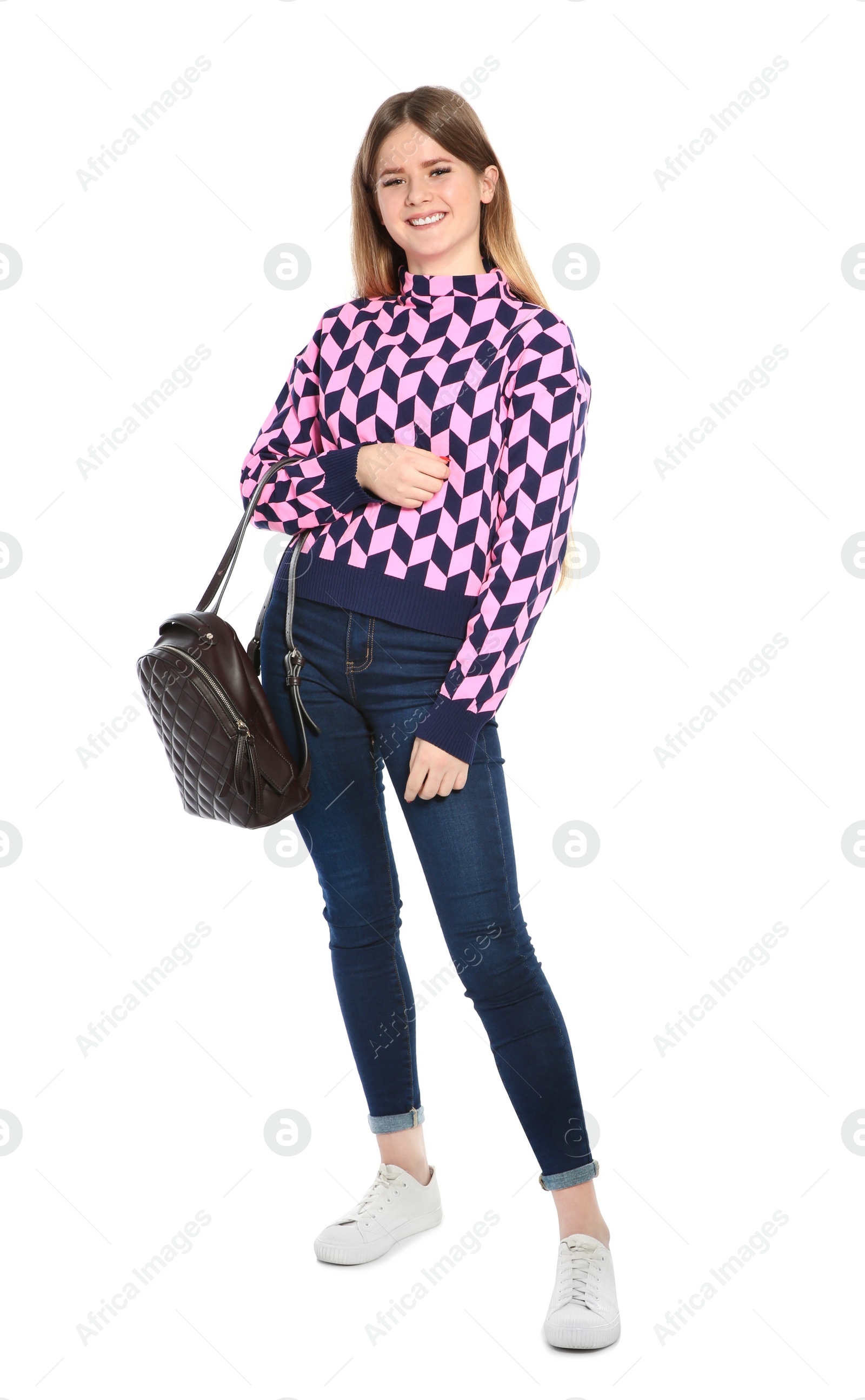 Photo of Teenager girl in casual clothes on white background