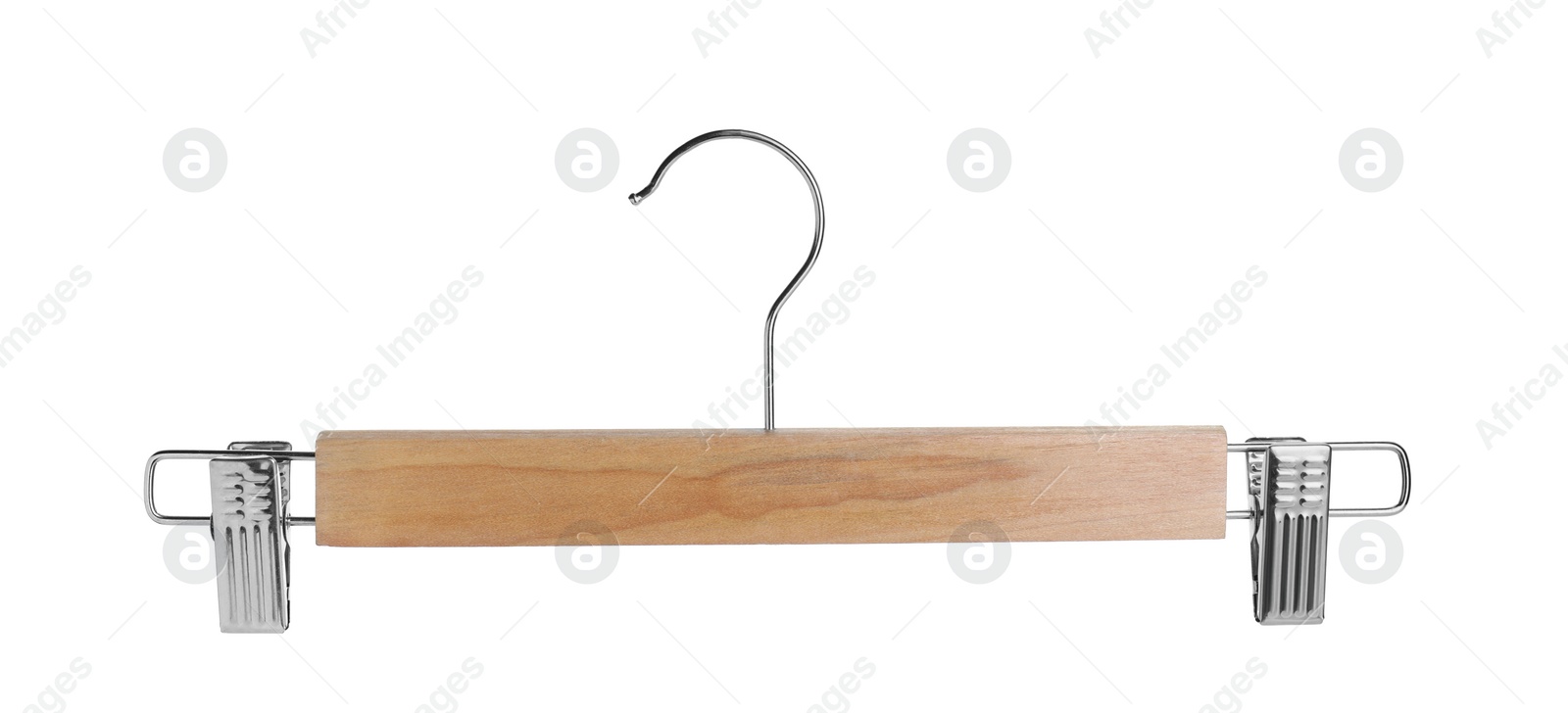 Photo of Empty wooden hanger with clips isolated on white