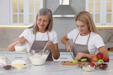 Happy mature mother and her daughter cooking together at kitchen