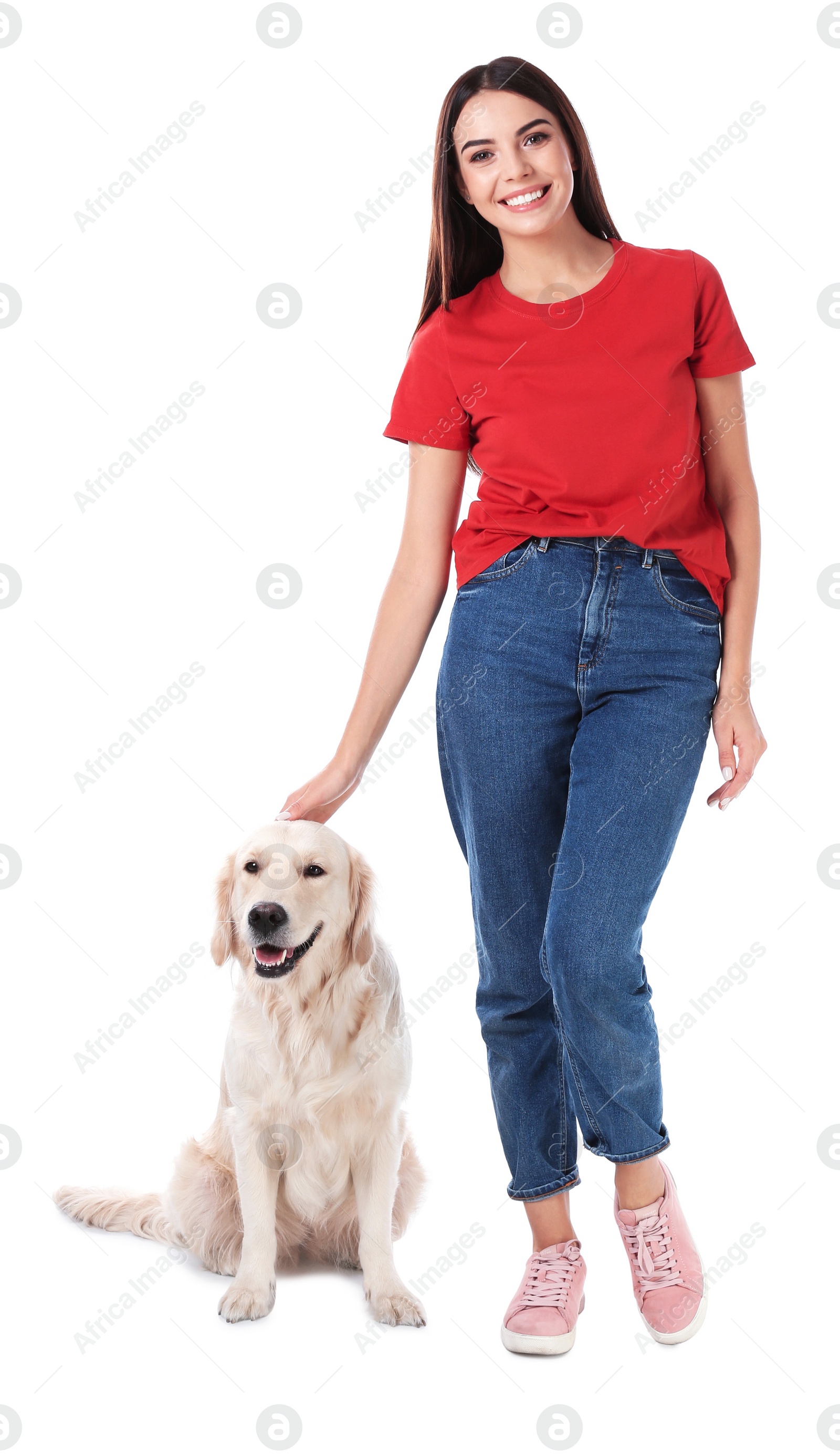 Photo of Young woman and her Golden Retriever dog on white background