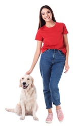 Young woman and her Golden Retriever dog on white background