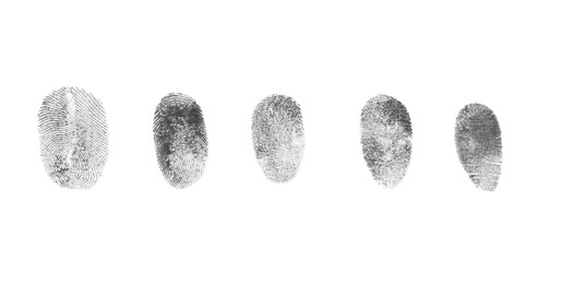 Many black fingerprints made with ink on white background, top view