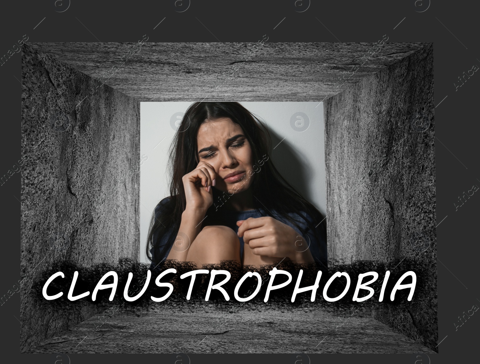 Image of Claustrophobia. Stressed woman feeling in closed space and crying