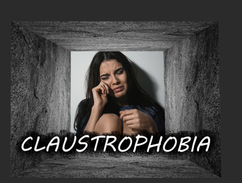 Image of Claustrophobia. Stressed woman feeling in closed space and crying