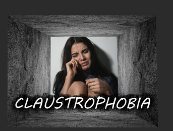 Claustrophobia. Stressed woman feeling in closed space and crying