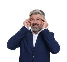 Photo of Emotional mature businessman in stylish clothes posing on white background