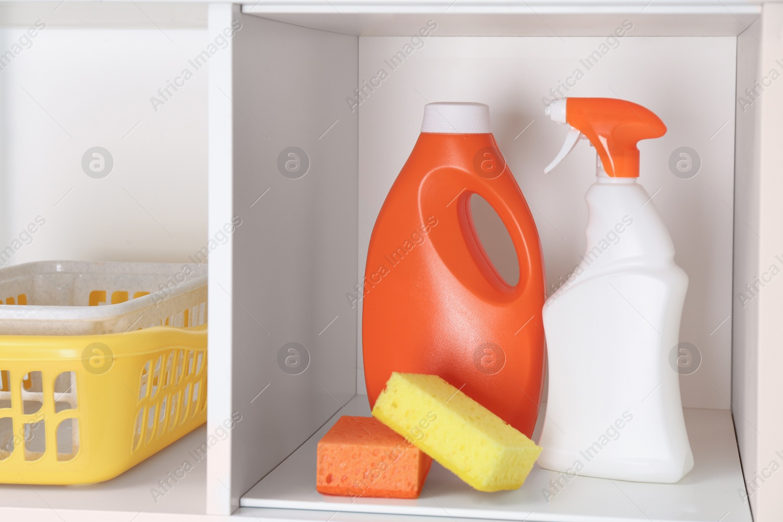 Photo of Bottles of detergents and sponges on shelves