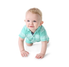 Cute little baby crawling on white background