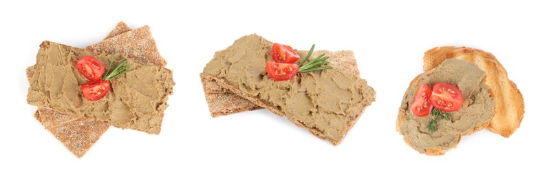 Image of Crispy crackers and bread with tasty liver pate on white background, collage. Banner design