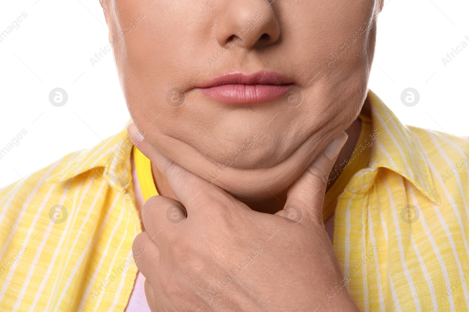 Photo of Woman with double chin on white background, closeup