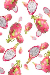 Image of Delicious exotic dragon fruits flying on white background