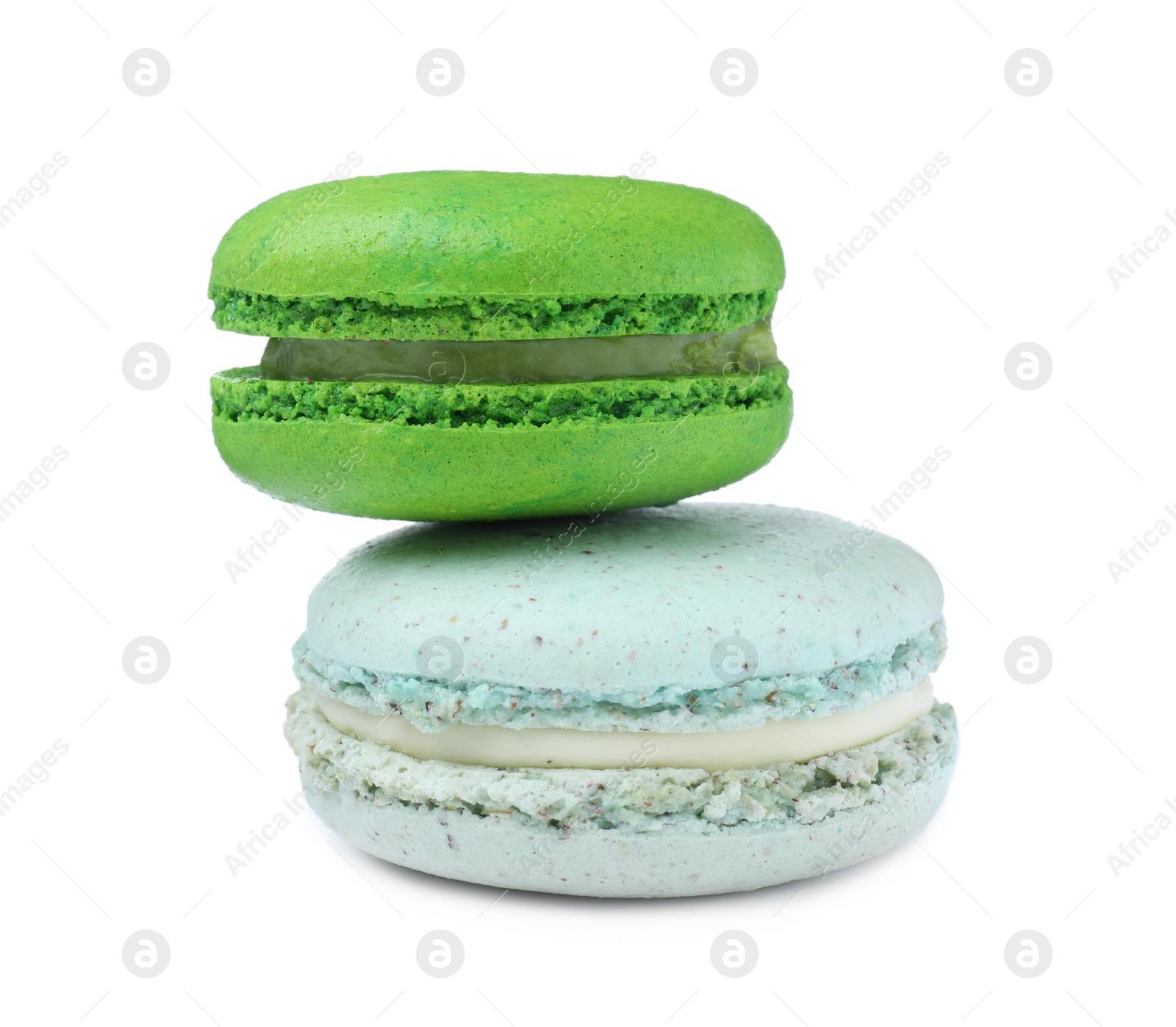 Photo of Different delicious colorful macarons on white background