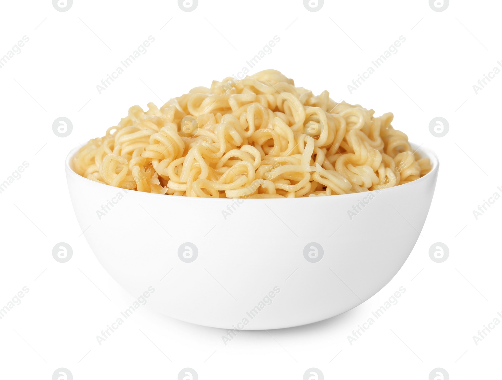 Photo of Tasty instant noodles in bowl isolated on white