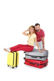 Couple with suitcases on white background. Vacation travel