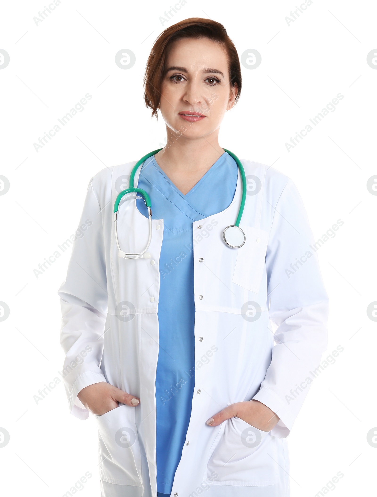 Photo of Portrait of experienced doctor in uniform on white background. Medical service