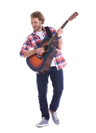 Photo of Young man playing acoustic guitar on white background
