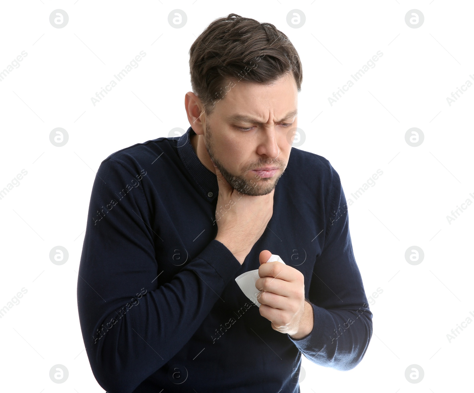 Photo of Man suffering from cough isolated on white