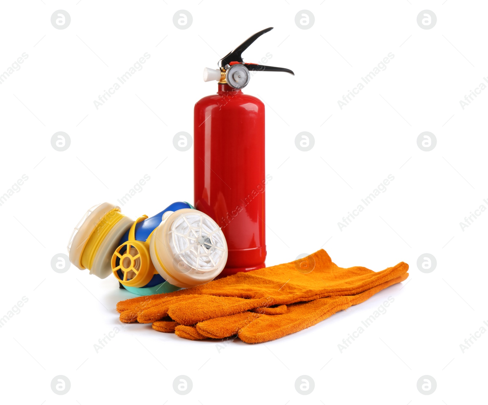 Photo of Fire extinguisher, gloves and respirator mask on white background