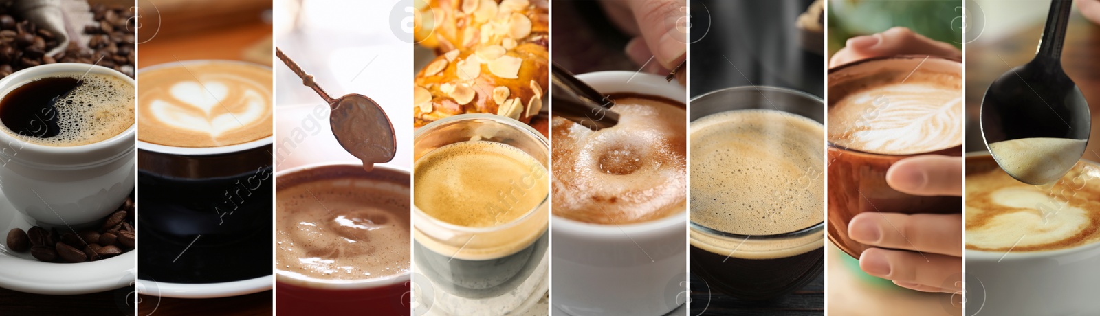 Image of Beautiful collage with different photos of aromatic coffee. Banner design