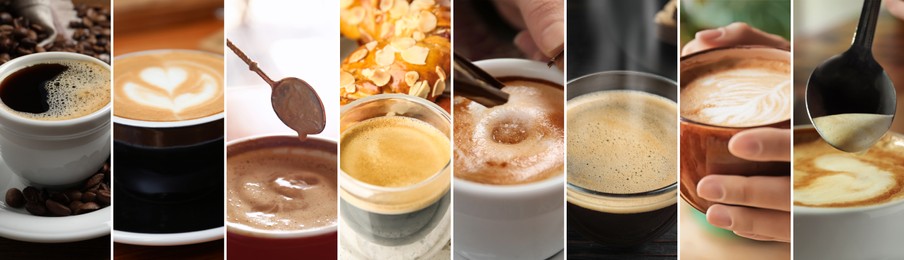 Image of Beautiful collage with different photos of aromatic coffee. Banner design