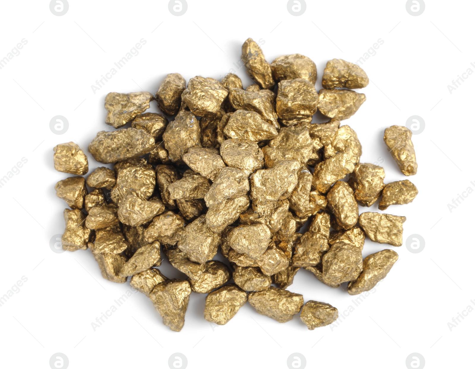 Photo of Pile of gold nuggets on white background, top view