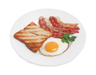 Photo of Plate with delicious fried egg, bacon and toast isolated on white