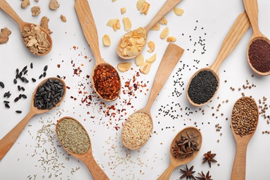 Photo of Composition with different aromatic spices in wooden spoons on white background