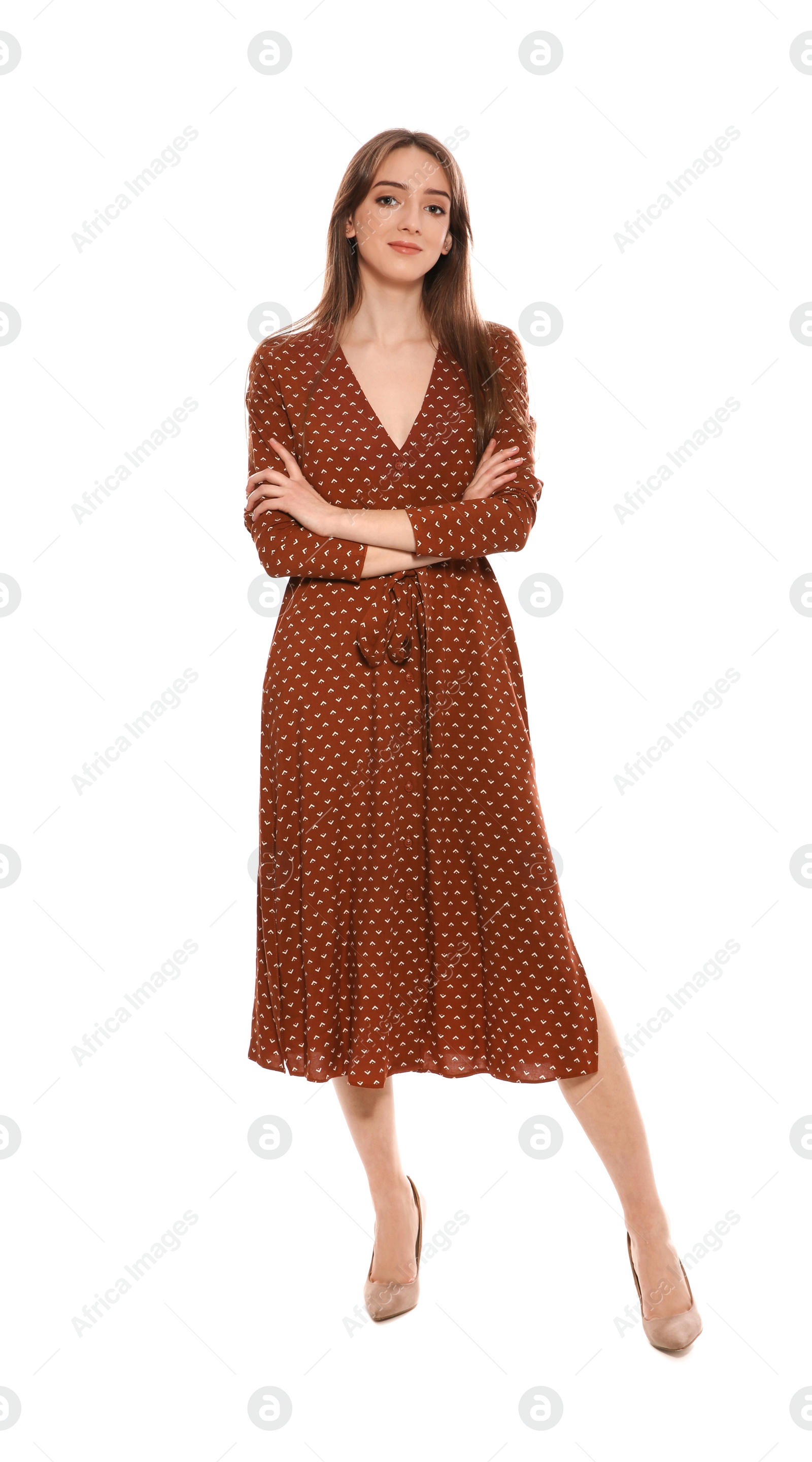 Photo of Portrait of beautiful young woman on white background