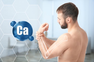 Image of Role of calcium for human. Young man suffering from pain in wrist, digital compositing with illustration of arm bone