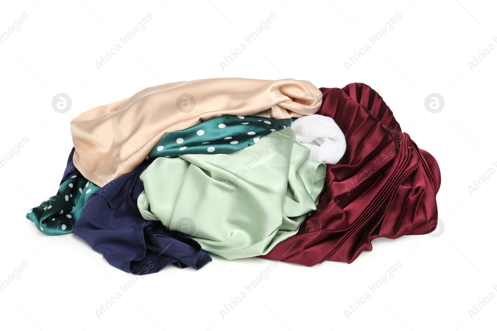 Photo of Pile of colorful clothes isolated on white