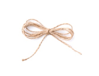 Linen rope string bow isolated on white, top view