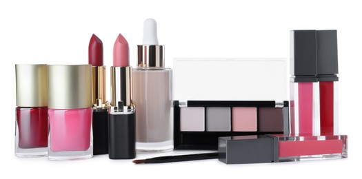 Different luxury cosmetic products on white background