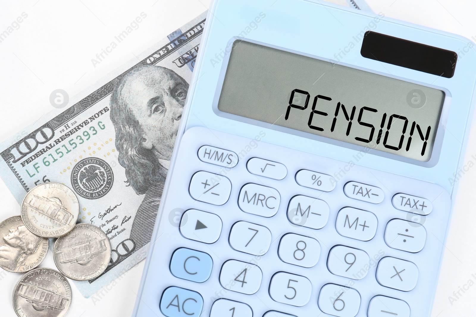 Image of Calculator with word Pension and money on white background, top view