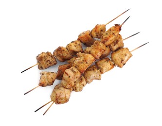 Delicious fresh shish kebabs isolated on white, top view