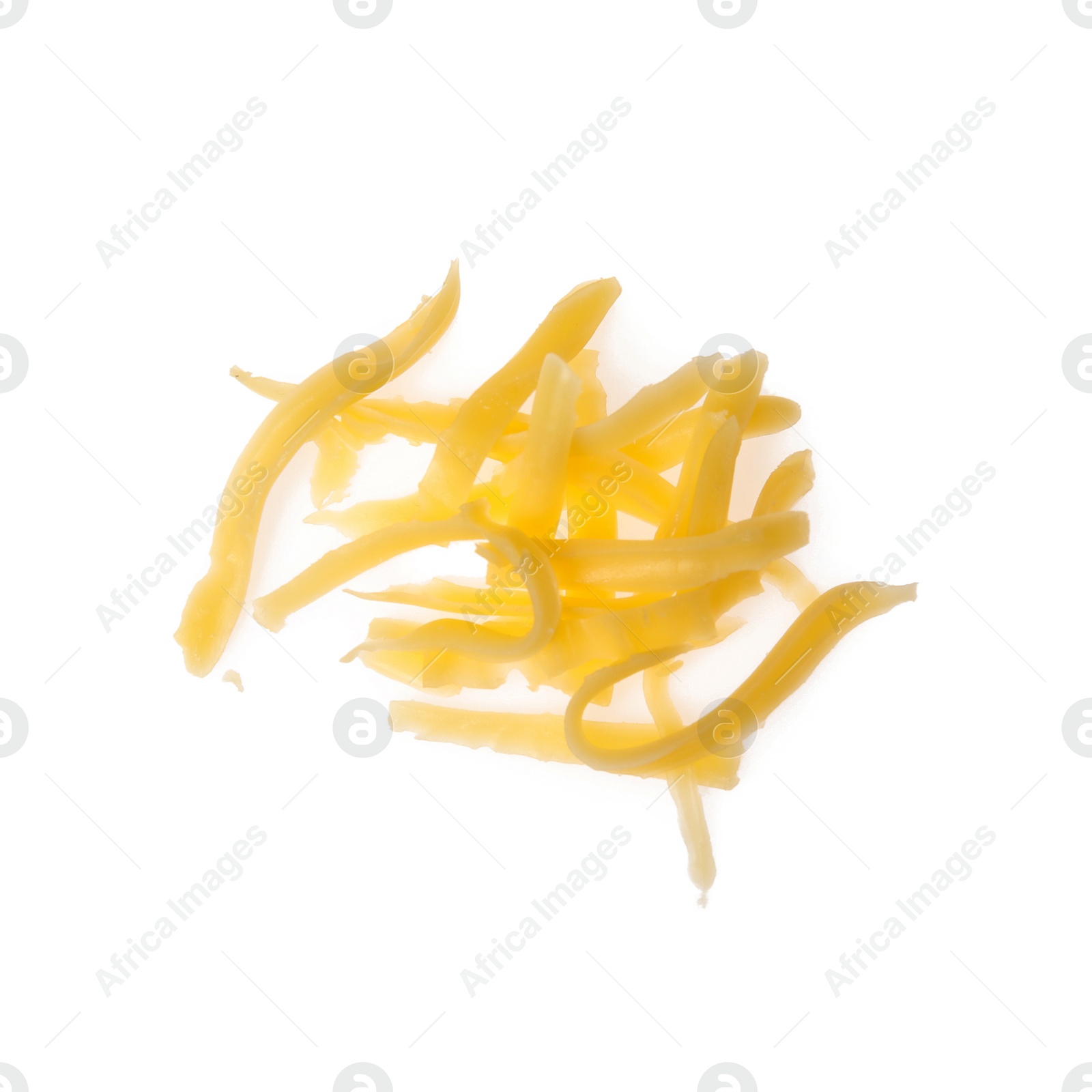 Photo of Pile of grated cheese on white background