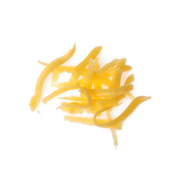 Pile of grated cheese on white background