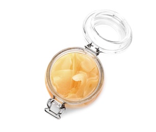 Pickled ginger in jar isolated on white, top view