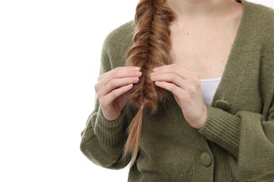 Photo of Woman with braided hair on white background, closeup